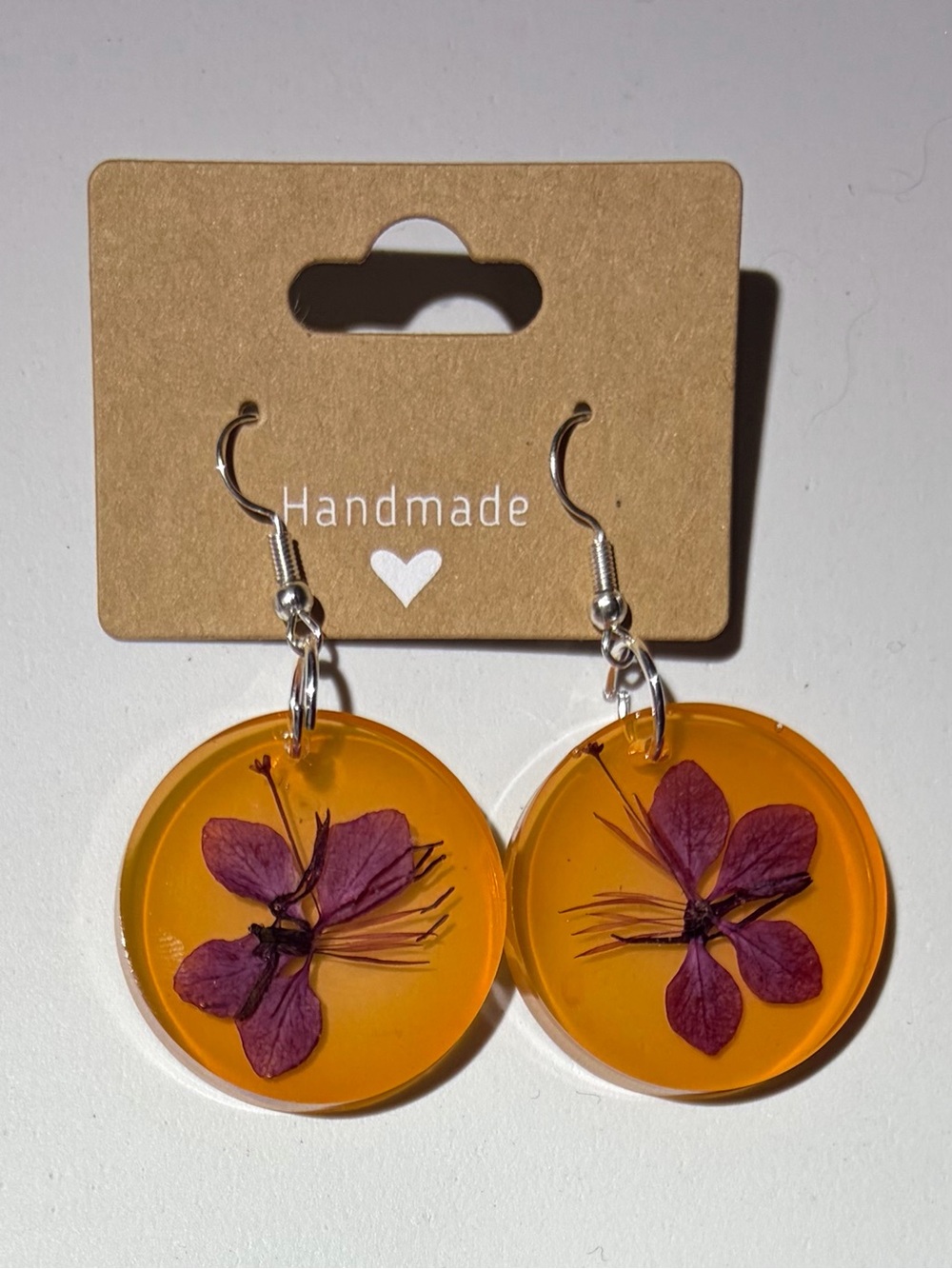 Handmade Orange Resin Earrings with Purple Dried Flowers